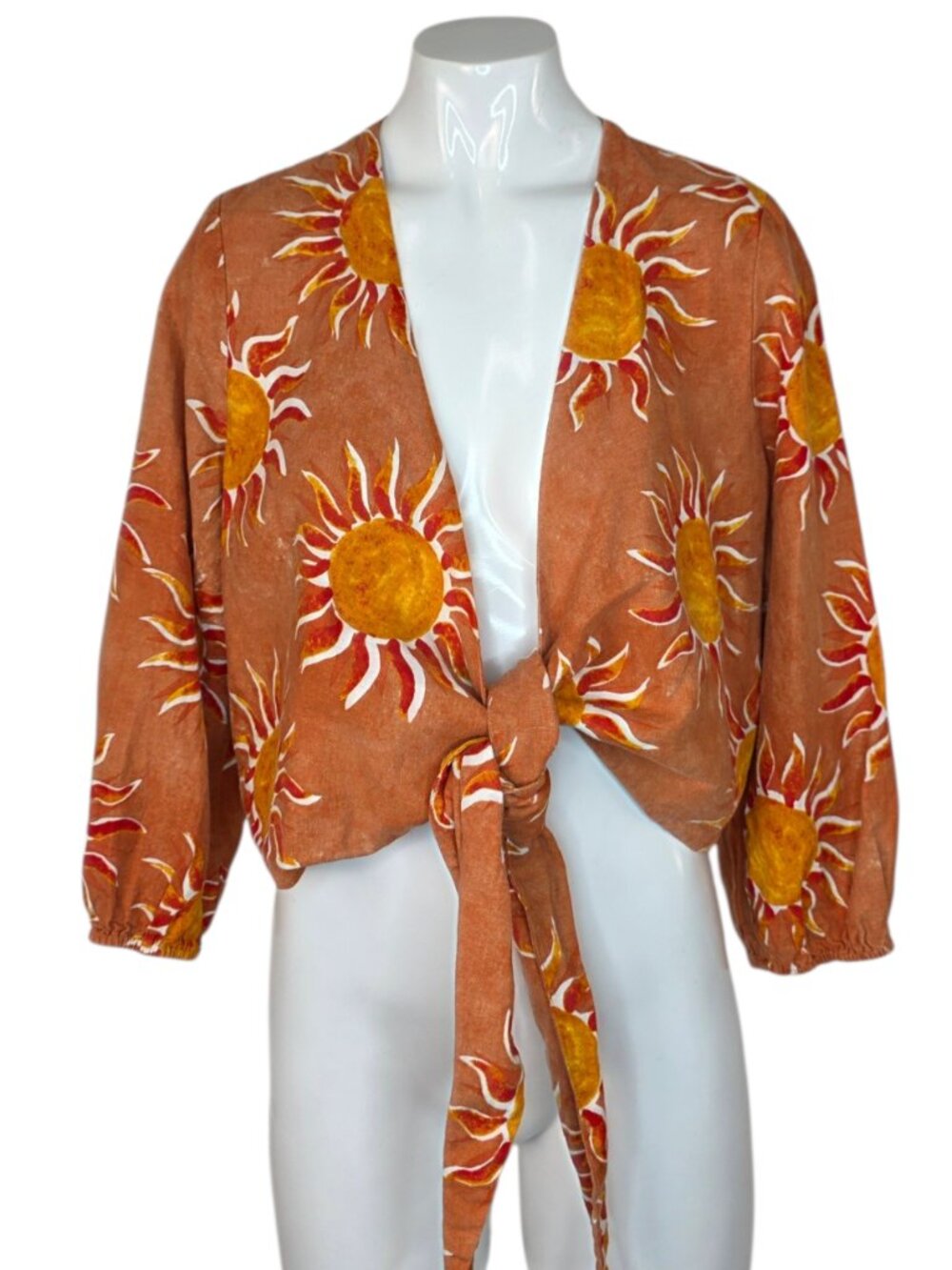 C&C California Linen Blend Sun Print Half Sleeve Tie Front Top, Size Small